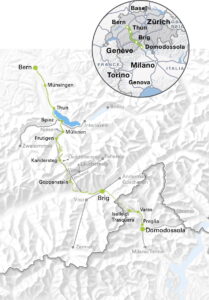 Mappa del percorso del trenino verde delle Alpi da Domodossola a Berna